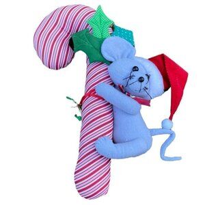 VINTAGE Christmas Handmade Mouse On Candy Cane with Holly